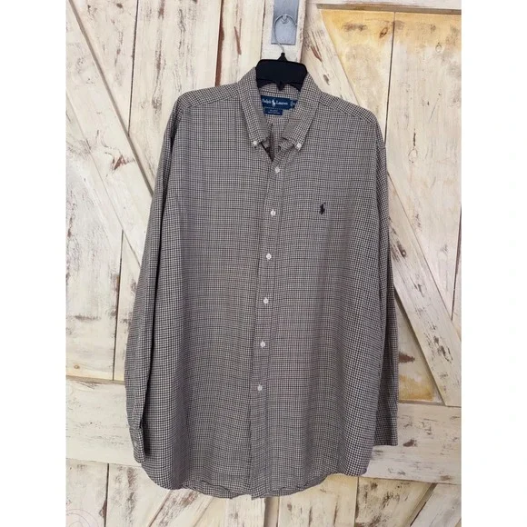 Ralph Lauren Blake 100% Cotton Button Down Shirt Long Sleeves Gingham Brown XL - Picture 4 of 8